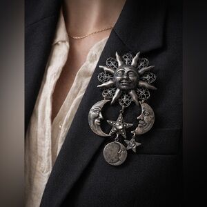 Vintage Celestial Sun Moon Star Statement Brooch Dangle Rhinestone Silver Tone